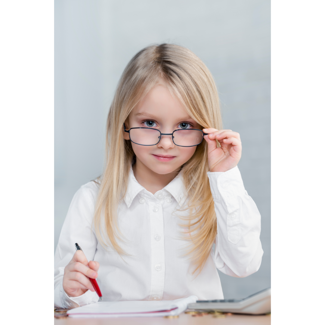 Young Girl Dressed up with Glasses and Calculator